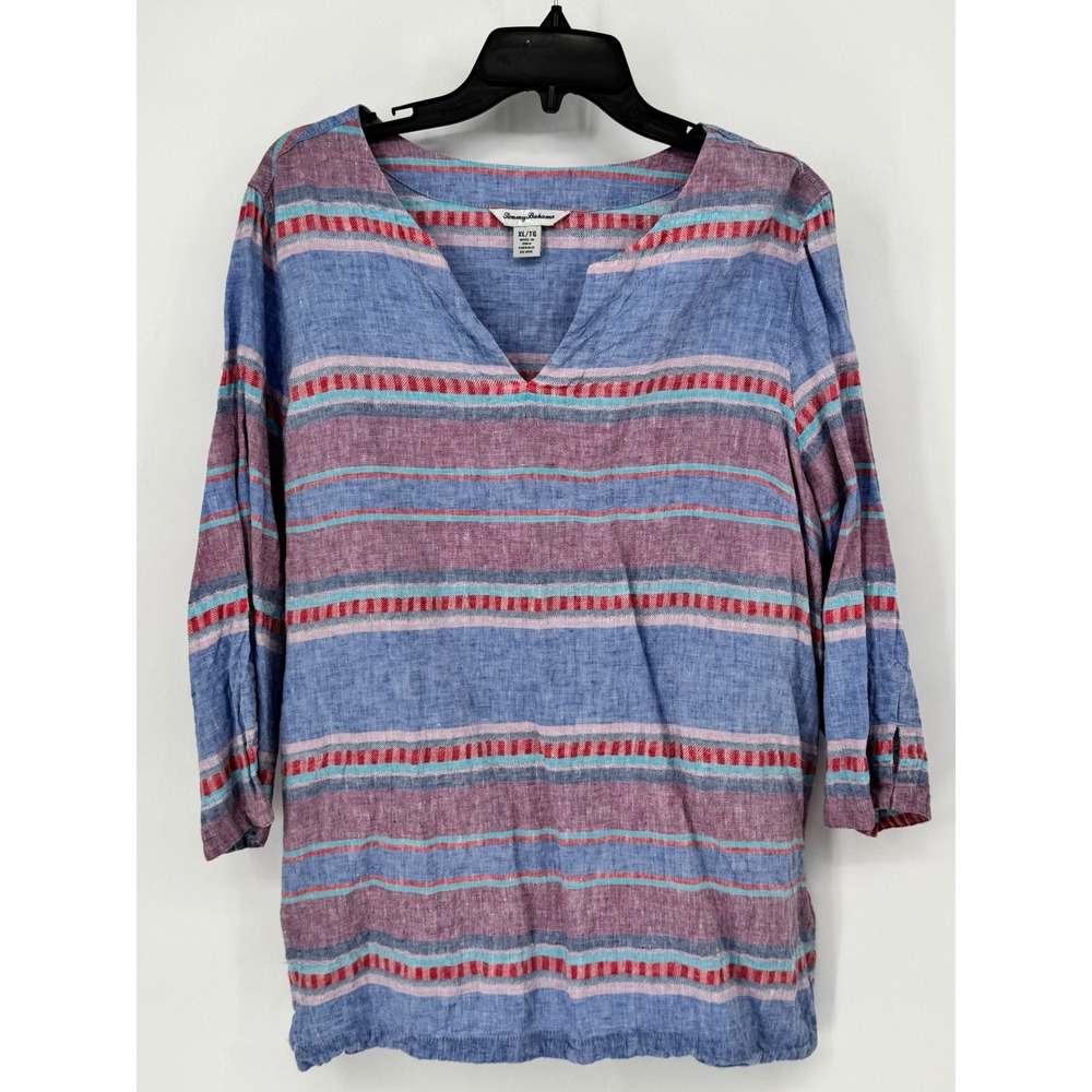 Tommy Bahama Linen Tunic Women XL Blue Purple Striped V-Neck 3/4 Sleeve Beach